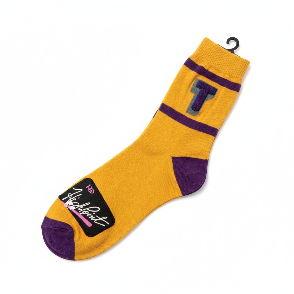 VTG 80s High Point Crew Socks Yellow Purple Letter T NWT Retro Lakers Colors